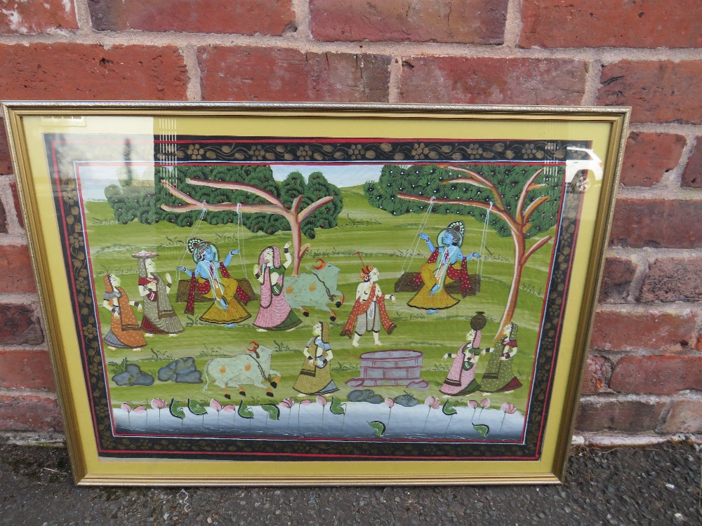 A VINTAGE INDIAN SCHOOL WOODED RIVER LANDSCAPE WITH FIGURES AND CATTLE, painted on silk, unsigned, - Image 2 of 5