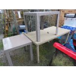 THREE ASSORTED PLASTIC OUTDOOR TABLES
