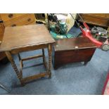 A MAHOGANY LIDDED BOX ON LEGS AND A BARLEYTWIST TABLE (2)