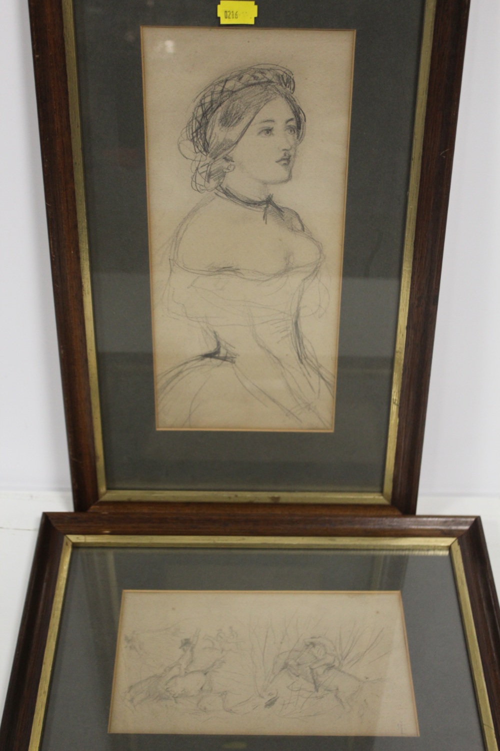 TWO FRAMED AND GLAZED PENCIL SKETCHES - ONE A HALF LENGTH PORTRAIT OF A LADY, THE OTHER A HUNTING