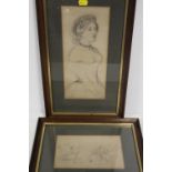 TWO FRAMED AND GLAZED PENCIL SKETCHES - ONE A HALF LENGTH PORTRAIT OF A LADY, THE OTHER A HUNTING