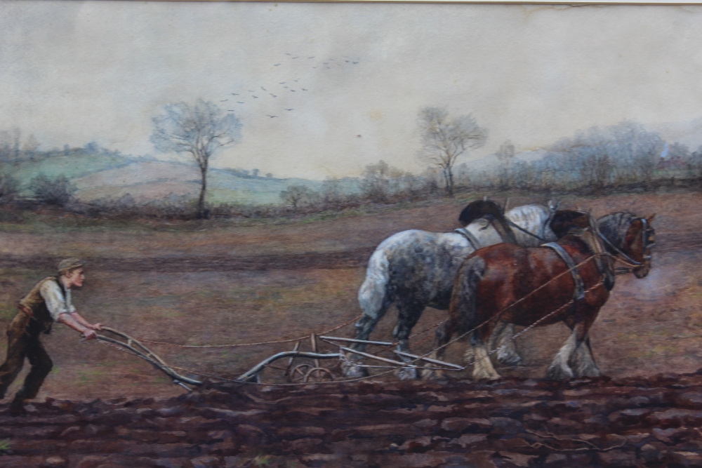 M.H. A wooded landscape with two horses and figure ploughing, signed with initials and dated 1896 - Image 2 of 5