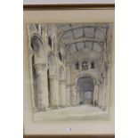 A FRAMED AND GLAZED WATERCOLOUR OF AN INTERIOR CHURCH SCENE SIGNED HARRY GIBBERD