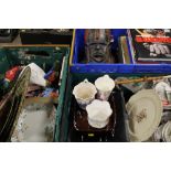 THREE TRAYS OF ASSORTED CERAMICS, CHINA, METALWARE ETC TO INCLUDE A GLASS COMPORT