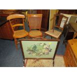 THREE ASSORTED VINTAGE CHAIRS AND A TAPESTRY FIRE SCREEN (4)