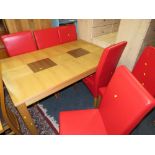 A MODERN OAK DINING TABLE AND SIX RED LEATHER EFFECT CHAIRS W-150 CM D-90 CM H-75 CM