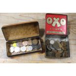 A VINTAGE OXO TIN CONTAINING COINS ETC TOGETHER WITH ANOTHER BOX OF COINS