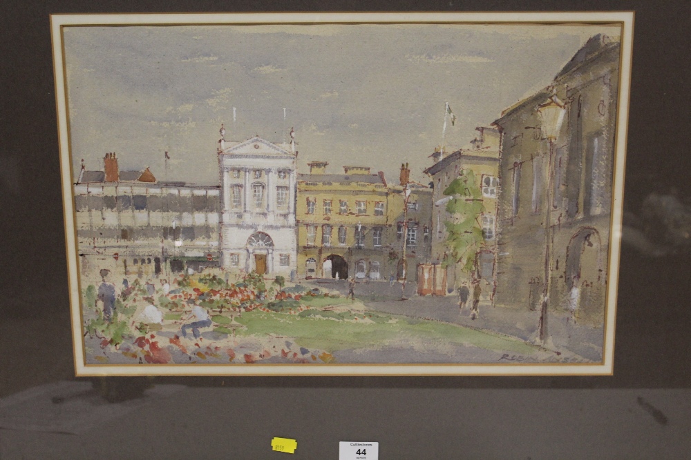 A FRAMED AND GLAZED WATERCOLOUR OF STAFFORD TOWN SQUARE SIGNED LOWER RIGHT ROBIN ANSELL
