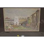 A FRAMED AND GLAZED WATERCOLOUR OF STAFFORD TOWN SQUARE SIGNED LOWER RIGHT ROBIN ANSELL