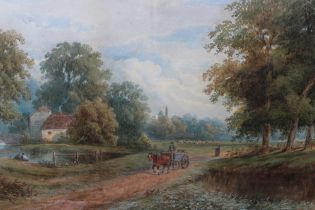 (XIX). English school, wooded river landscape with cottage, horse and cart, figures and sheep, 'Near