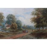 (XIX). English school, wooded river landscape with cottage, horse and cart, figures and sheep, 'Near
