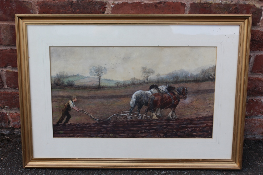 M.H. A wooded landscape with two horses and figure ploughing, signed with initials and dated 1896 - Image 3 of 5