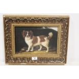 A SMALL GILT FRAMED MODERN OIL ON CANVAS OF A SPANIEL