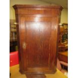 A 19TH CENTURY OAK HANGING CORNER CUPBOARD WITH TWO VINTAGE OAK TABLES (3)