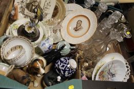 TWO TRAYS OF ASSORTED CERAMICS AND GLASSWARE TO INCLUDE DECANTERS, LORD RANDOLPH CHURCHILL PLATE,