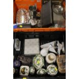 TWO TRAYS OF SUNDRIES TO INCLUDE CASED METALWARE, MASON'S CHARTREUSE, ETC