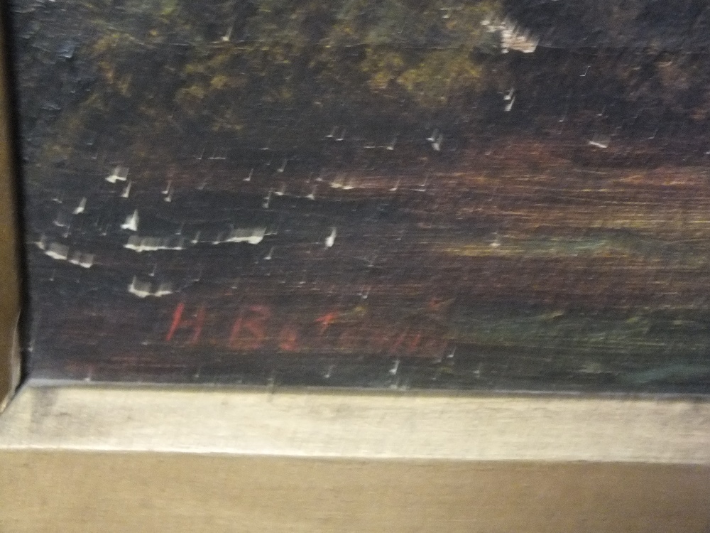 AN ANTIQUE GILT FRAMED OIL ON CANVAS DEPICTING CATTLE WATERING IN A WOODED LANDSCAPE INDISTINCTLY - Image 3 of 4