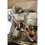 TWO TRAYS OF COPPER, BRASS AND METALWARE TO INCLUDE A BRASS TRIVET