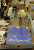 TWO TRAYS OF MOSTLY WEDGWOOD TO INCLUDE A DARK BLUE JASPERWARE VASE, SPODE SHIMA ETC
