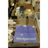 TWO TRAYS OF MOSTLY WEDGWOOD TO INCLUDE A DARK BLUE JASPERWARE VASE, SPODE SHIMA ETC