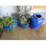 FOUR BLUE GLAZED GARDEN POTS WITH CONTENTS