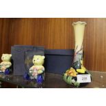 TWO OLD TUPTONWARE TEDDY BEAR FIGURES TOGETHER WITH AN OLD TUPTONWARE FLORAL VASE (3)