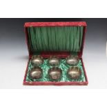 A CASED SET OF SIX WHITE METAL CONTINENTAL FINGER BOWLS, unmarked and untested, Dia 10 cm