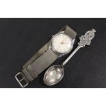 A SILVER H.M. THE KINGS OWN SPOON AND VINTAGE WATCH