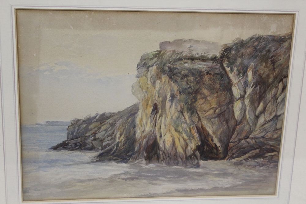 A FRAMED AND GLAZED WATERCOLOUR OF A ROCKY COASTAL SCENE IN A PIERCED GILT FRAME - Image 2 of 2