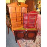 A REPRODUCTION LOW CABINET, OCCASIONAL TABLES AND TWO HANGING CABINETS (5)