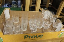A TRAY OF PRESSED GLASS DRINKING GLASSES COMPRISING OF 6 WINE, 6 WHISKY AND 6 TUMBLERS