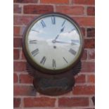 A 19TH CENTURY MAHOGANY CASED SINGLE FUSEE DROP DIAL WALL CLOCK, having a fantail mahogany