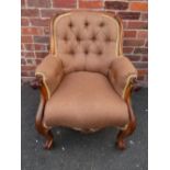 A VICTORIAN MAHOGANY FRAMED LADIES BUTTON BACK ARMCHAIR