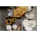 FOUR TRAYS OF CERAMICS AND SUNDRIES TO INCLUDE WEDGWOOD 'METALLISED' CHINA, FRIDGE MAGNETS