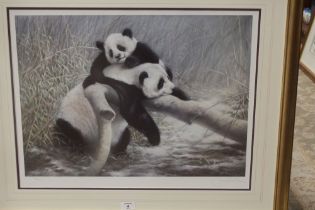 A FRAMED AND GLAZED SIGNED LIMITED EDITION JOEL KIRK PRINT OF PANDAS NO. 74/500