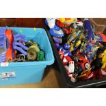 TWO TRAYS OF ASSORTED POWER RANGERS, WWE, RYANS WORLD TOYS, FIGURES ETC.