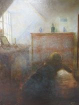 J.E. (XIX-XX). British school, cottage interior with Mother by cot, signed lower right, oil on