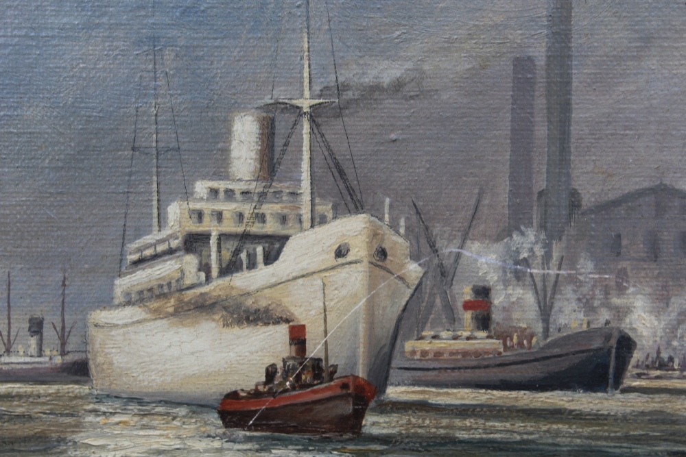 A. GABRIEL (XX). An industrial river scene with ships, tugs and figure on a barge in foreground, - Image 3 of 6