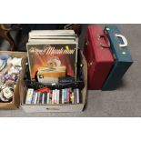 A TRAY OF LP RECORDS AND CASSETTES TOGETHER WITH TWO CASES OF LP RECORDS