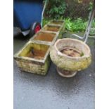 FOUR BRICK EFFECT SQUARE GARDEN PLANTERS AND A PEDESTAL URN