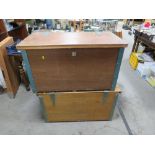 TWO LARGE PLY BANDED STORAGE/ TACK BOXES WITH ROPE HANDLES TOGETHER WITH A WHEELED TRUCK