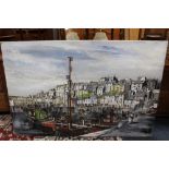 A LARGE OIL ON CANVAS OF A HARBOUR SCENE TOGETHER WITH A IMPRESSIONIST OIL ON CANVAS OF A SAIL