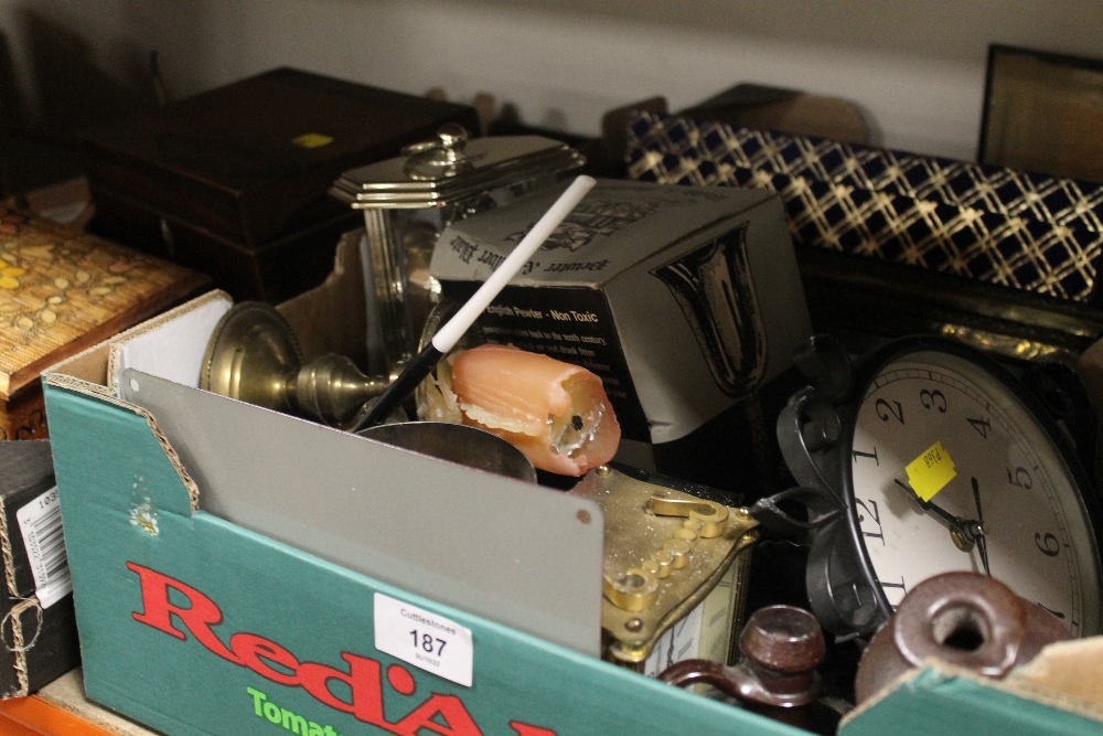 THREE SMALL TRAYS OF ASSORTED SUNDRIES TO INCLUDE A WOODEN TEA CADDY ETC