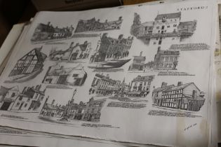 A SELECTION OF UNFRAMED PRINTS OF STAFFORD BUILDINGS ETC TO INCLUDE A FOLIO OF ORIGINAL ARTWORK TO
