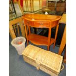A MODERN SMALL CONSOLE TABLE WITH WICKER CASKET AND WICKER BIN (3)