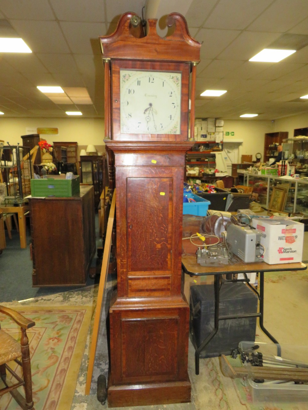 AN ANTIQUE OAK 30 HR GRANDFATHER CLOCK - COVENTRY - SINGLE WEIGHT AND DAMAGED PENDULUM