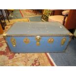A LARGE VINTAGE BLUE PACKING SCHOOL TRUNK