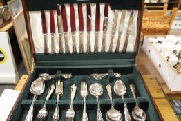 A WOODEN CASED CANTEEN OF CUTLERY, MOSTLY ELKINGTON - CONTENTS UNCHECKED