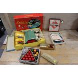 A VINTAGE BOXED ESCALADO, TABLE TOP SNOOKER BALLS ETC