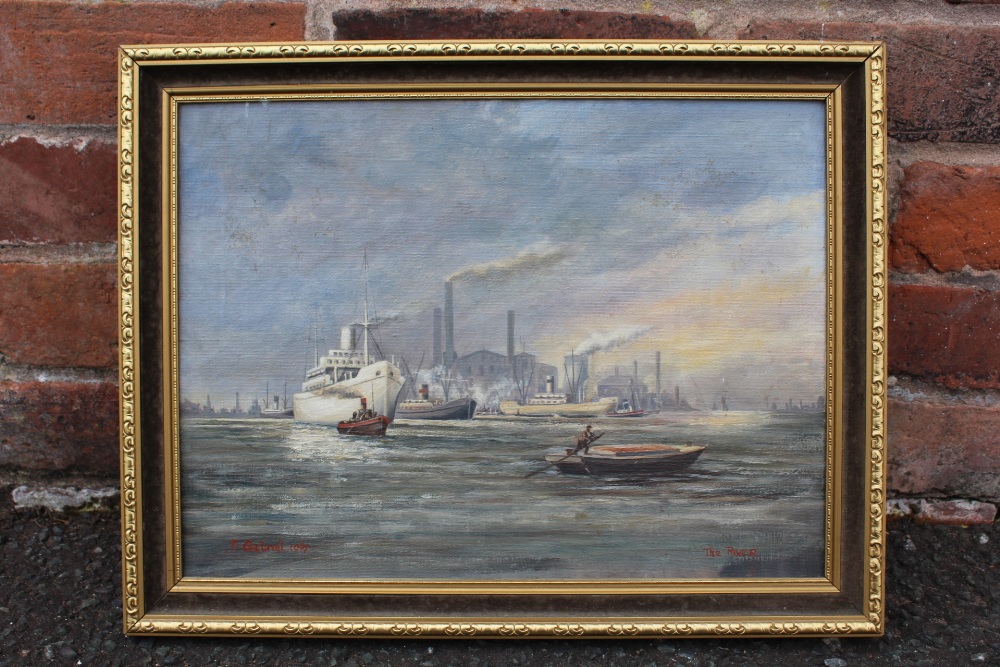 A. GABRIEL (XX). An industrial river scene with ships, tugs and figure on a barge in foreground, - Image 2 of 6